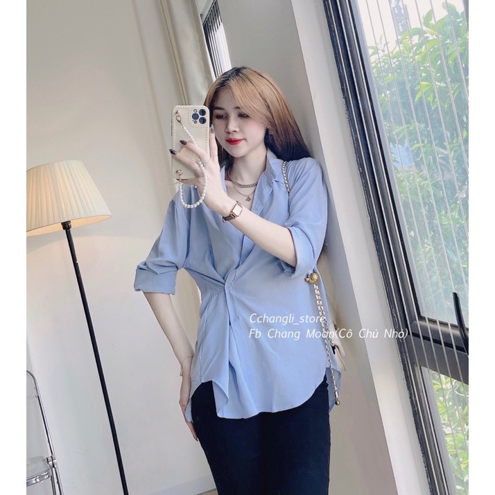 Sơ mi xanh cúc chéo phối quần jean ống đứng(ảnh thật shop chụp) | BigBuy360 - bigbuy360.vn