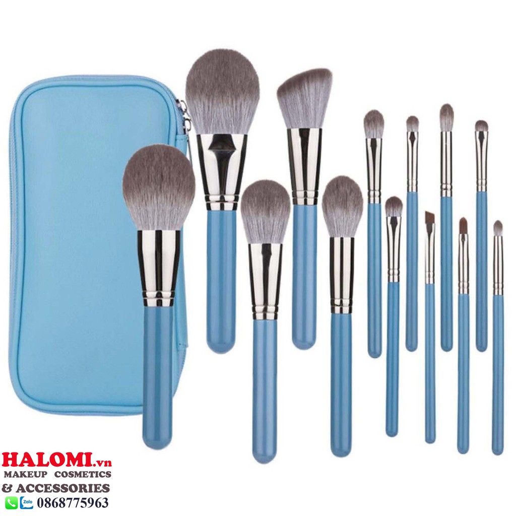 Bộ cọ trang điểm cá nhân 14 cây lông thú HALOMI chính hãng siêu mềm mịn bám phấn chuyên dụng cho makeup