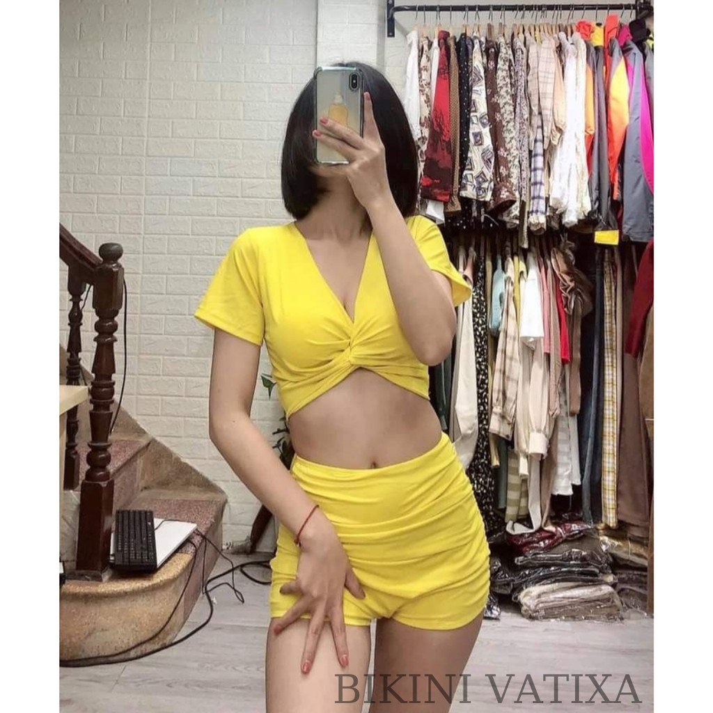 Bikini, Đồ Bơi Đi Biển Hai Mảnh Xoắn Ngực Nhiều Màu, Quần Đùi Cạp Cao Áo Crop VATIXA BKN12