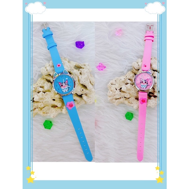 ❤️Đồng Hồ Nữ, Đồng Hồ Bé Gái + Tặng Pin, Mặt Mèo, Dây Da Xanh Dương, Hồng Cao Cấp Như Hình