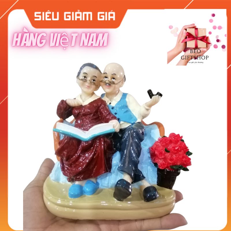 TƯỢNG ÔNG BÀ GIÀ ĐỌC SÁCH NGỒI GHẾ DỰA SIZE LỚN