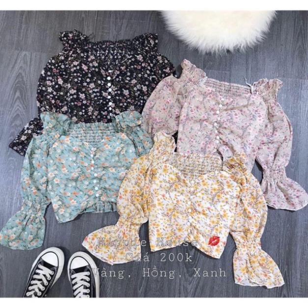 Áo voan hoa nhí nhún ngực sz nhỏ sẵn màu xanh
