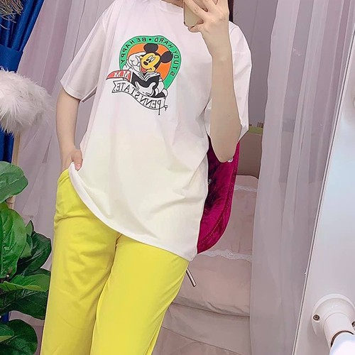 [Thanh lí xả kho] Áo tay lỡ in hình thú kèm quần xuông ống rộng phong cách thời trang cho nữ