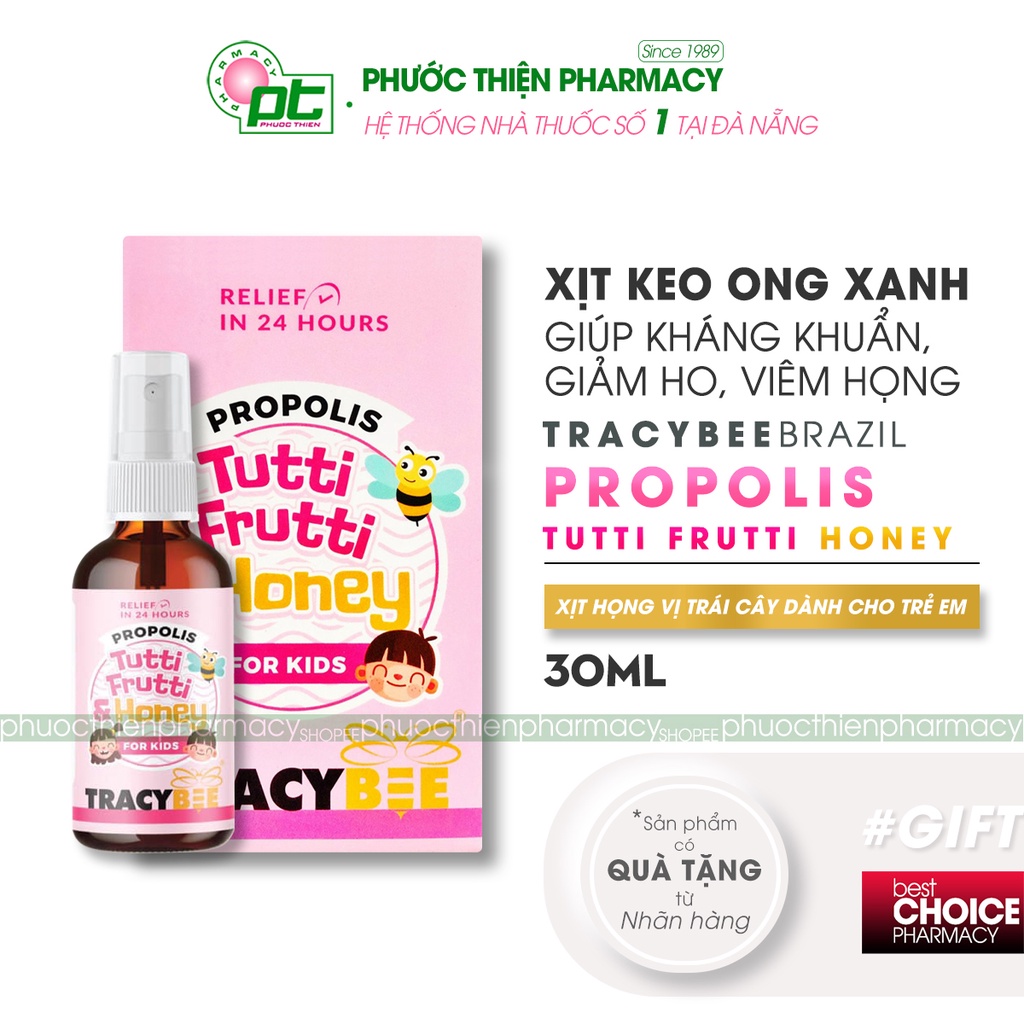 Keo ong xịt họng vị trái cây cho trẻ em Tracybee Propolis giúp giảm ho, viêm họng 30ml