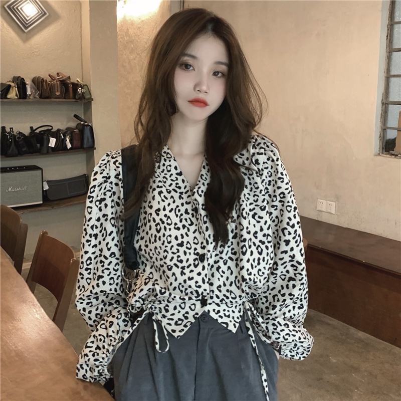 Hàng Mới Về Áo Sơ Mi Tay Dài Họa Tiết Da Báo Dáng Rộng Phối Dây Rút Phong Cách Hàn Quốc Cho Nữ Hàng Có Sẵn