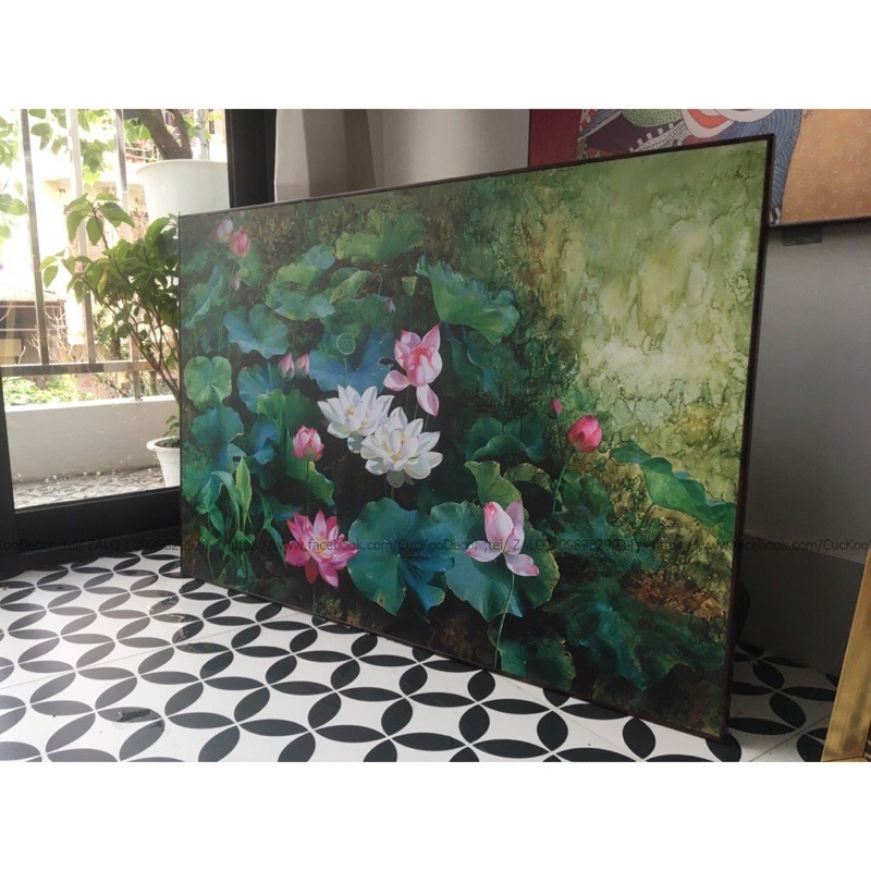 Tranh Hoa Sen kt: 60x90cm - chất liệu canvas,đủ khung và đinh treo, mẫu mã tùy chọn