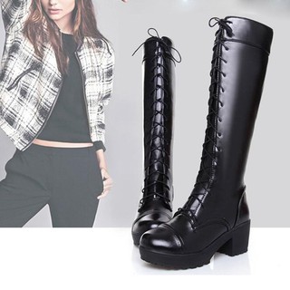 Giày bốt cổ cao đế xuồng thắt dây phong cách cổ điển