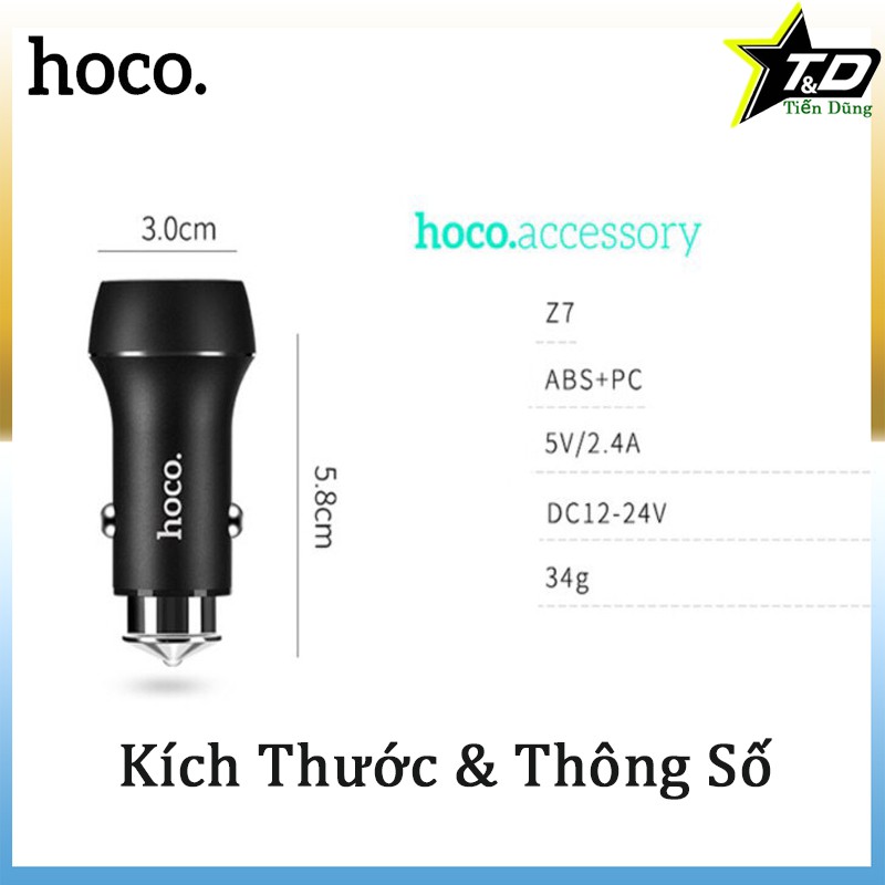 Tẩu sạc xe hơi ô tô hoco z7 ra 2 cổng USB dòng điện max 2.4A