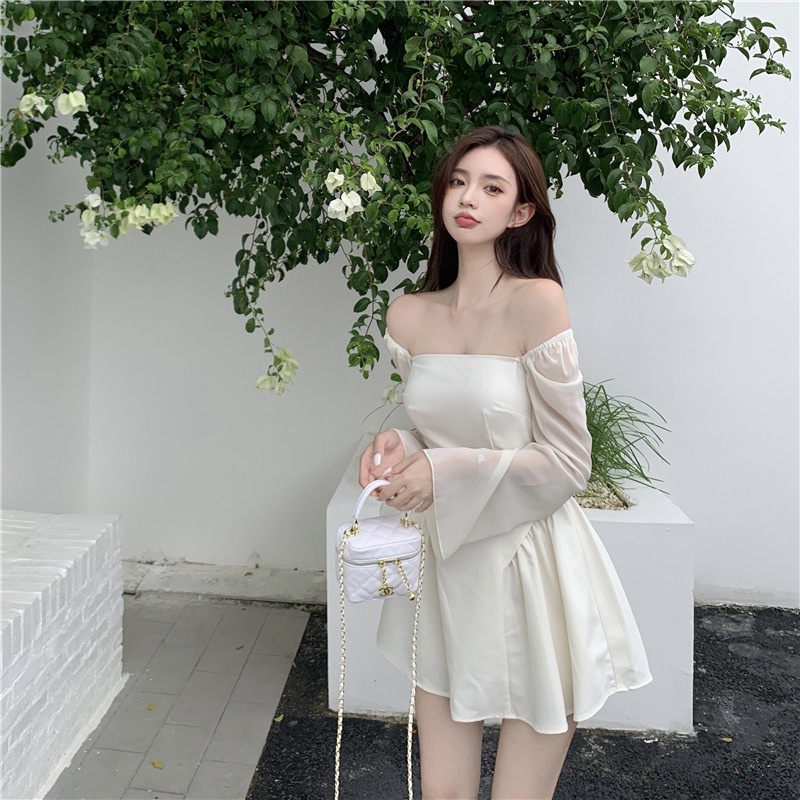 váy đầm trễ vai cúp ngực ngắn xoè tiểu thư đi tiệc tay voan rời loe