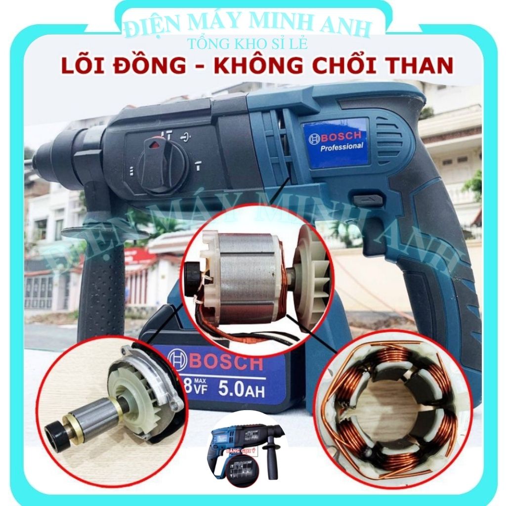 Máy khoan pin bê tông cầm tay không chổi than bosch chính hãng BOSCH 118V- 2 Pin 10 cell đa chức năng đục tường