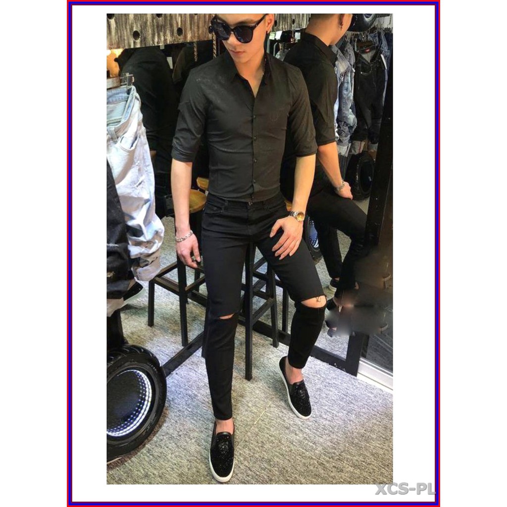 Quần jean nam cao cấp ĐEN RÁCH GỐI siêu đẹp không xù lông, không ra màu, chất giãn tốt rrgoi3-1.46