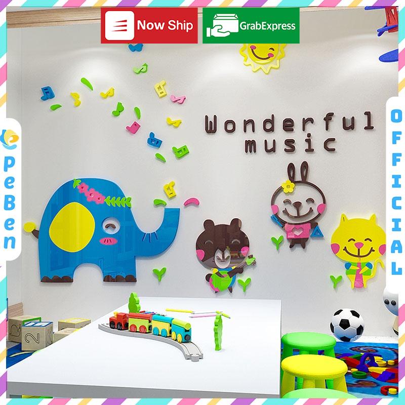 Tranh dán tường mica 3d decor khổ lớn thế giới âm nhạc cho bé trang trí mầm non, phòng cho bé Nhiều Size - EPeBen