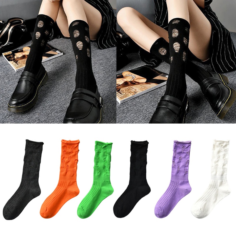 Youyo Vớ Ống Lửng Vừa Màu Trơn Sáng Khoét Lỗ Rách Phong Cách Gothic Punk Harajuku Gothic Punk Cho Nữ Có Sẵn