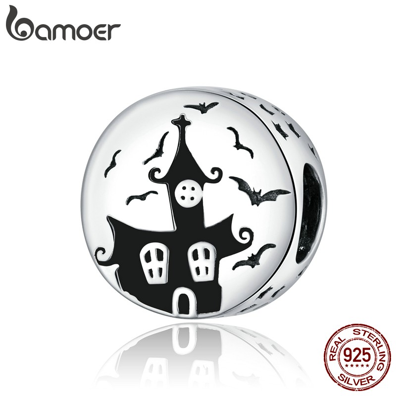 Hạt charm Bamoer SCC1615 mạ bạc 925 in hình lâu đài ma trang trí vòng tay thời trang cho nữ