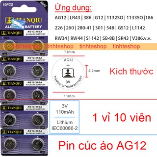 PIN nhỏ AG13 LR44 LR1154 1128MP 1166A D76A G13A GPA7 GPA76 GPA76 CA19 A76 AG14 GPS76A CR44 V13GA TIANQIU 1 vỉ 10 viên