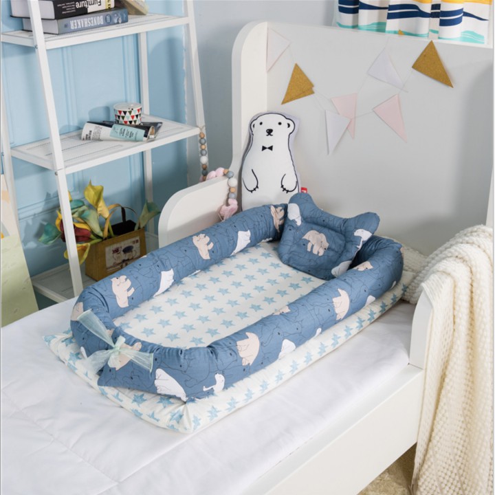 Giường nệm ngủ kèm gối cho bé Japan Bear Blue Cotton cao cấp