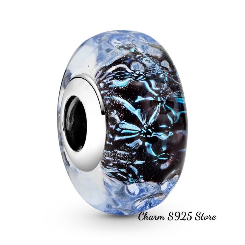 charm pan thuỷ tinh hoa biển xanh bạc s925 cao cấp