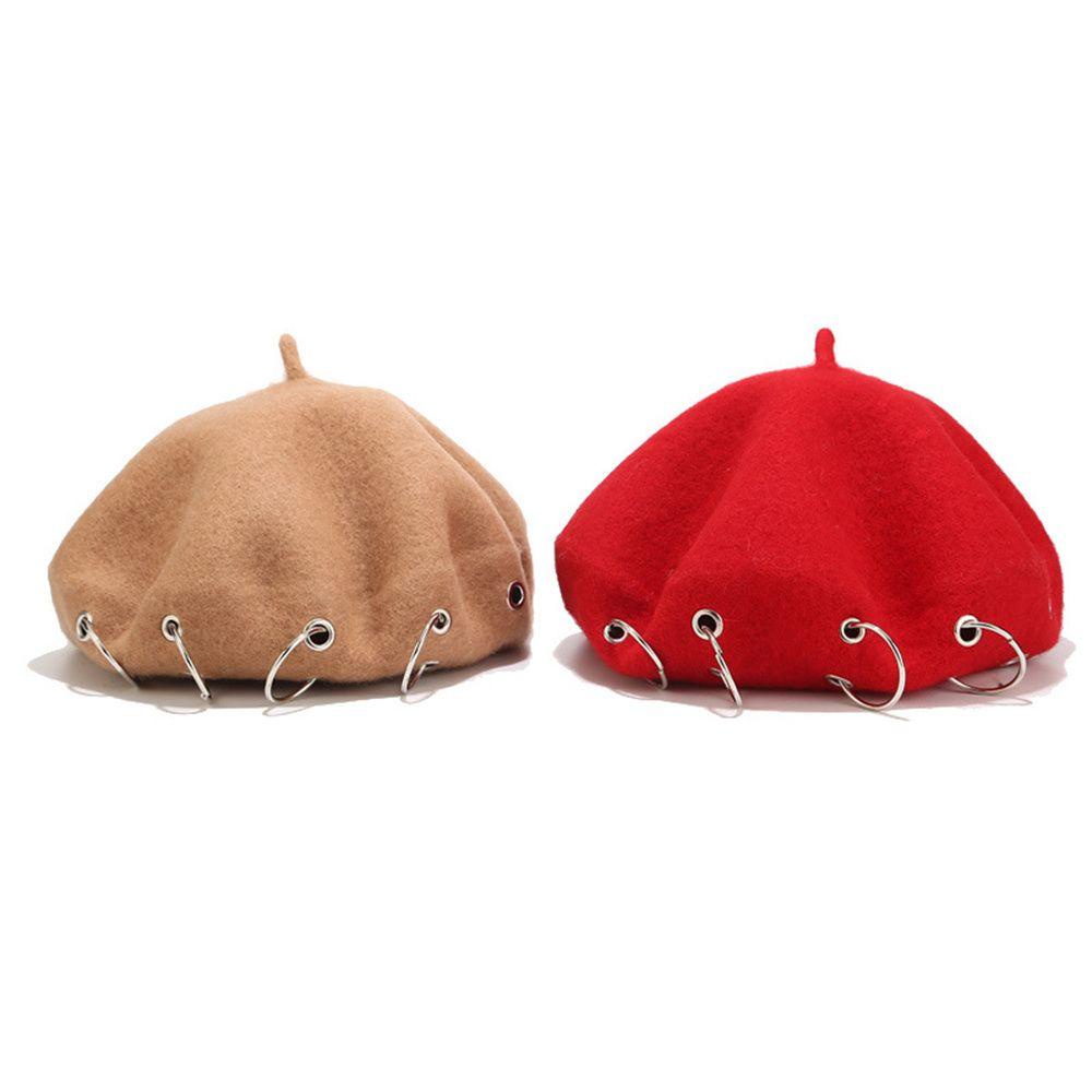 Mũ Beret Vải Len Phối Vòng Sắt Phong Cách Harajuku Thời Trang Mùa Đông Cá Tính