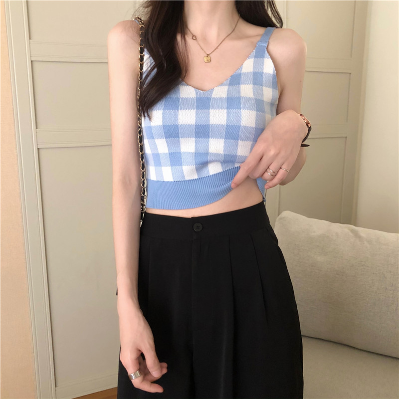 Áo sát nách cổ chữ V họa tiết kẻ ca rô trẻ trung cho nữ