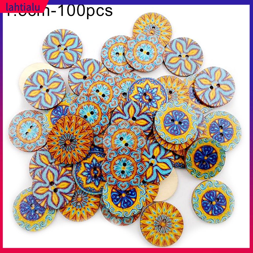 Bộ 100 Cúc Áo Gỗ In Hình Hoa Tròn Cho Túi Xách/Quần Áo DIY