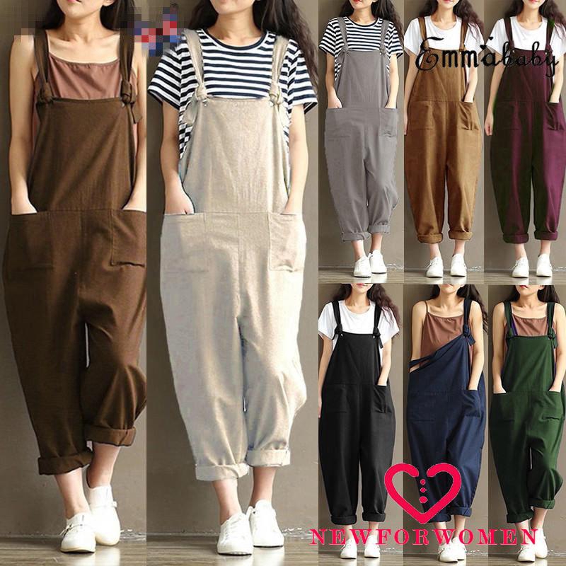 NFW♥Womens Loose Cotton Linen Strappy Jumpsuit Overalls Casual Long Harem Trousers with Pockets