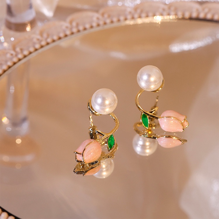 Bông Tai Mạ Bạc 925 Hình Hoa Tulip Đính Ngọc Trai Nhân Tạo Thời Trang