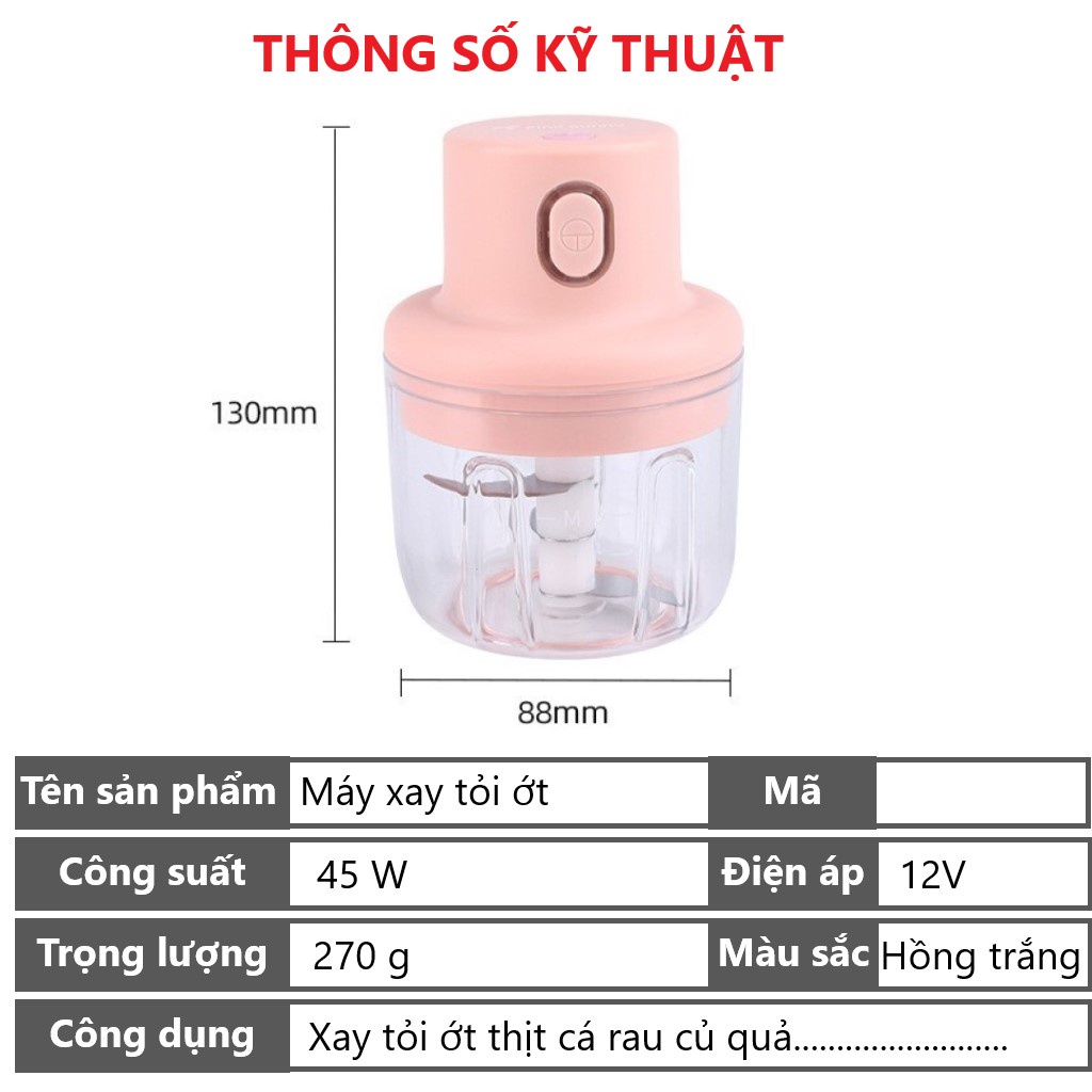 Máy xay mini cầm tay đa năng sạc pin xay tỏi ớt, hành, rau củ quả dung tích 250ml