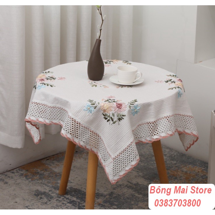 [100*150cm] Khăn trải bàn vải cotton viền ren hoạ tiết thêu nổi phong cách vintage sang trọng [T051]