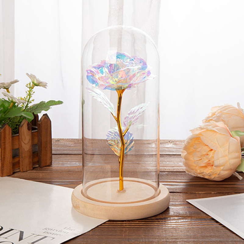 Bộ hộp hoa hồng bất tử bằng lá vàng + dây đèn LED trang trí với thiết kế đế gỗ độc đáo dùng trang trí