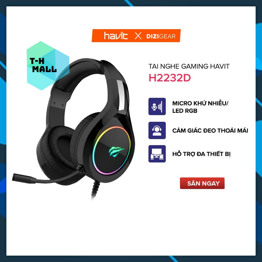 Tai Nghe Gaming Headphone HAVIT H2232D, Driver 50mm, Đèn Led RGB, Mic Khử Nhiễu, Đa Tương Thích - Chính Hãng BH 12 Tháng