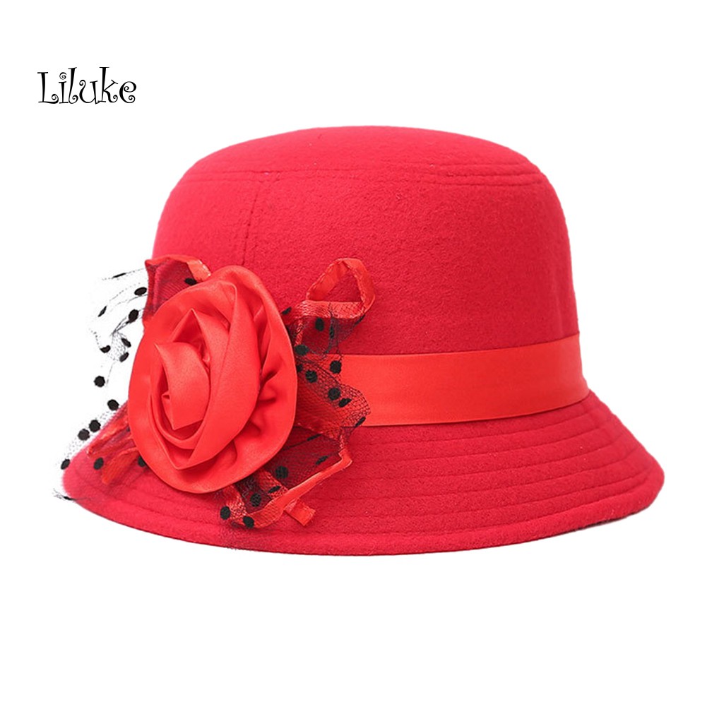 Mũ Bowlercheer Vành Rộng Bằng Len Màu Trơn Đính Hoa Ấm Áp Kiểu Vintage Cho Nữ