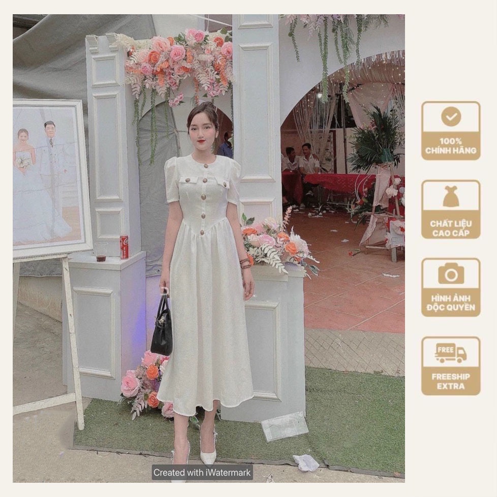Đầm maxi thiết kế dáng dài cổ tròn phối cúc bọc sanh chảnh đi tiệc dạ hội