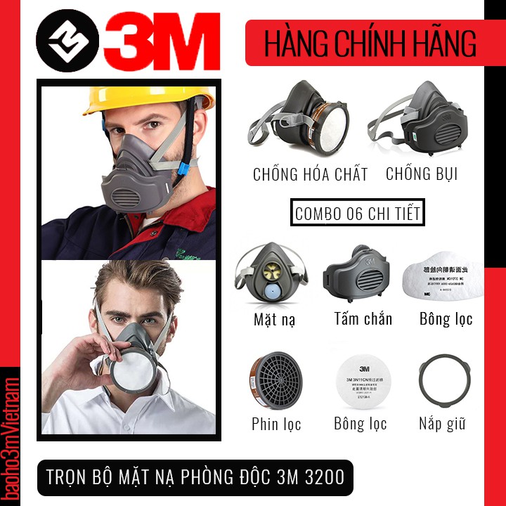 3M 3200 - trọn bộ mặt nạ phòng độc, lọc bụi gồm 6 chi tiết gồm 1 bộ lọc bụi và 1 bộ lọc hóa chất