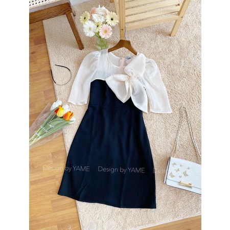 Váy đầm nữ ngắn tay công sở dáng chữ A phối tơ óng cao cấp Suzy Dress YAME