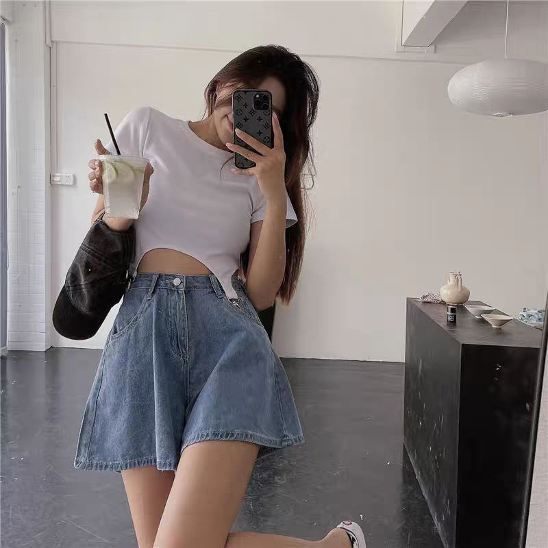 (sẵn Quần L) Quần jean ống rộng cạp cao +áo kiểu cực xinh hàng Quảng Châu