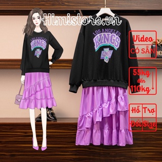 [CÓ SẴN] [CÓ SẴN] ĐẦM HOODIE BIGSIZE FORM RỘNG NỀN ĐEN PHỐI VÁY TÍM IN CHỮ KING - HIMISTORE - HM376