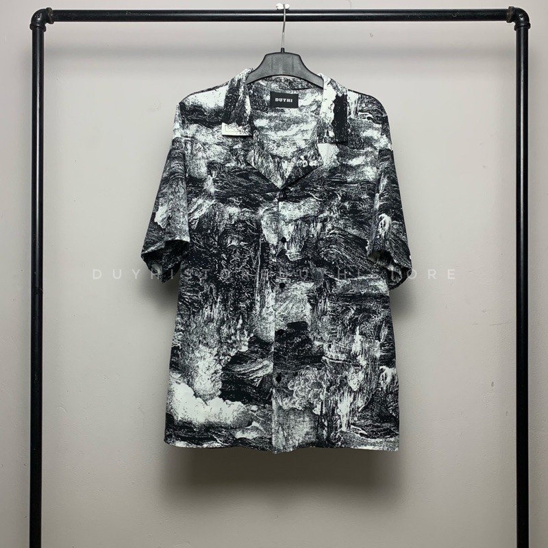 Áo sơ mi cộc tay unisex form rộng họa tiết LOANG ĐEN cho nam nữ | DUYHI