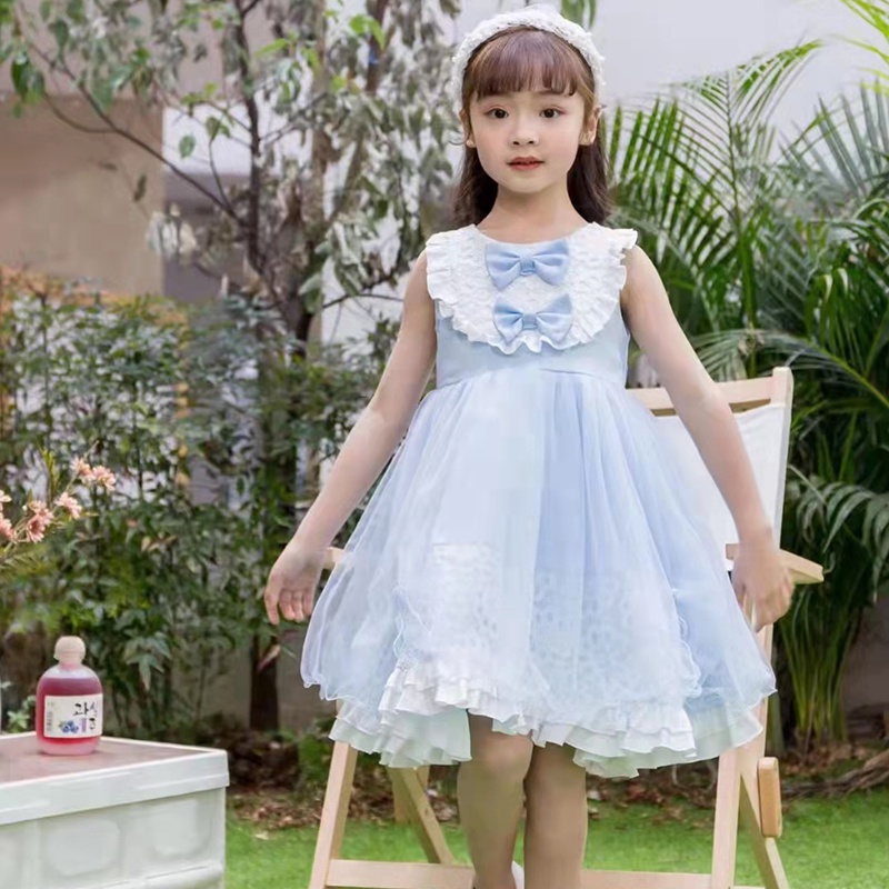 Đầm Công Chúa Phối Ren Lưới Đính Nơ Cho Bé Từ 4-8 Tuổi