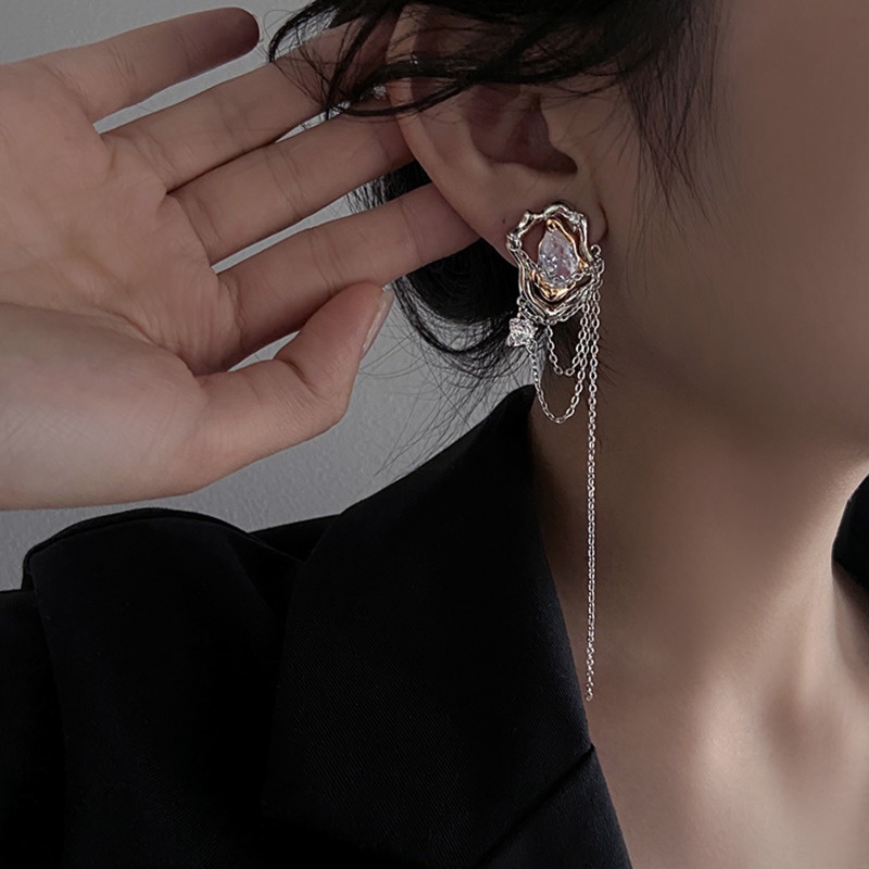 Bông Tai Chuỗi Xích Đính Đá zircon Phong Cách hip hop Cao Cấp