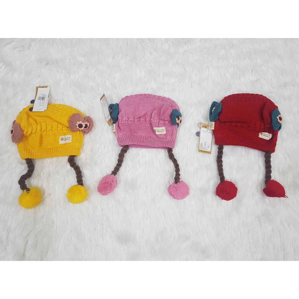 Mũ len tóc giả đuôi sam cho bé gái 0-3 tuổi