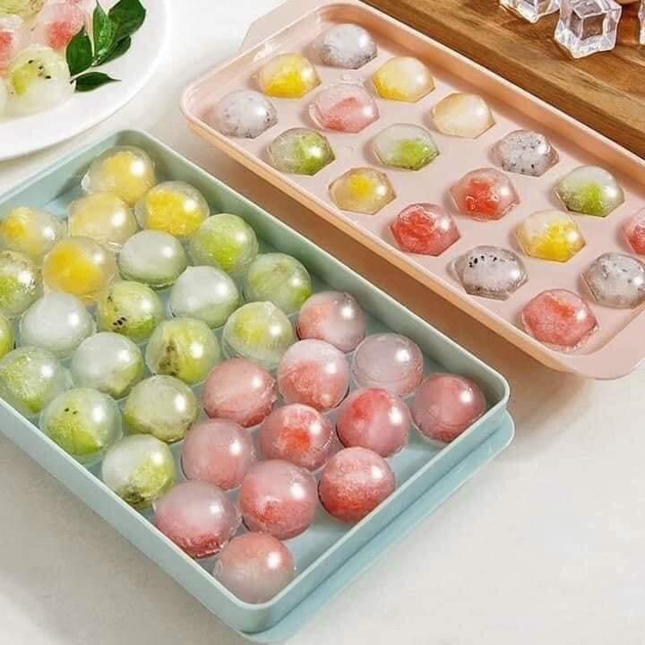 Khay Làm Đá Thạch Bi Nhựa Tròn Làm Hoa Quả Trái Cây Khuôn Đá Viên Tròn 33 Viên Hàng Loại 1