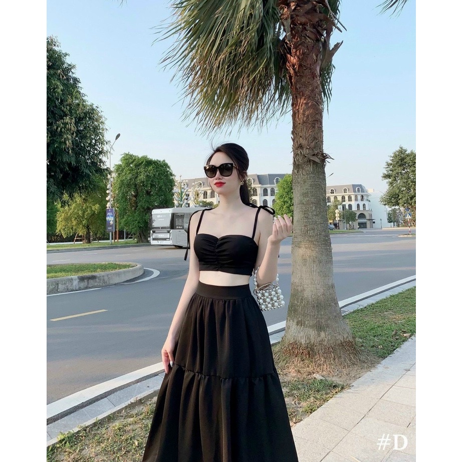 Sét Váy Nữ thời Trang Mặc Đi Chơi, Sét Váy Lụa Có Mút Áo Croptop 2 Dây Ôm Ngực Mix Chân Váy Xoè Xếp Ly 2 Tầng Xinh Xắn