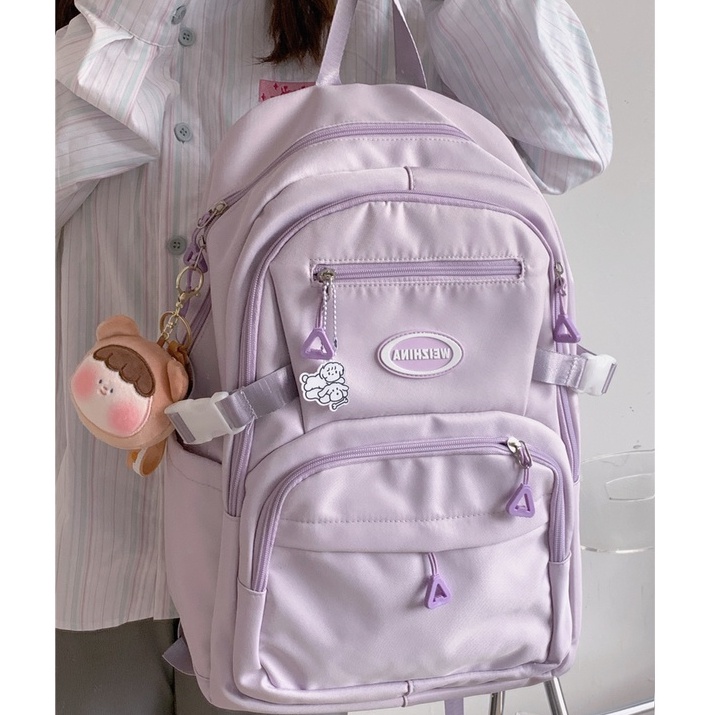 Balo nữ nhiều ngăn, form to, chống nước phong cách basic kèm sticker