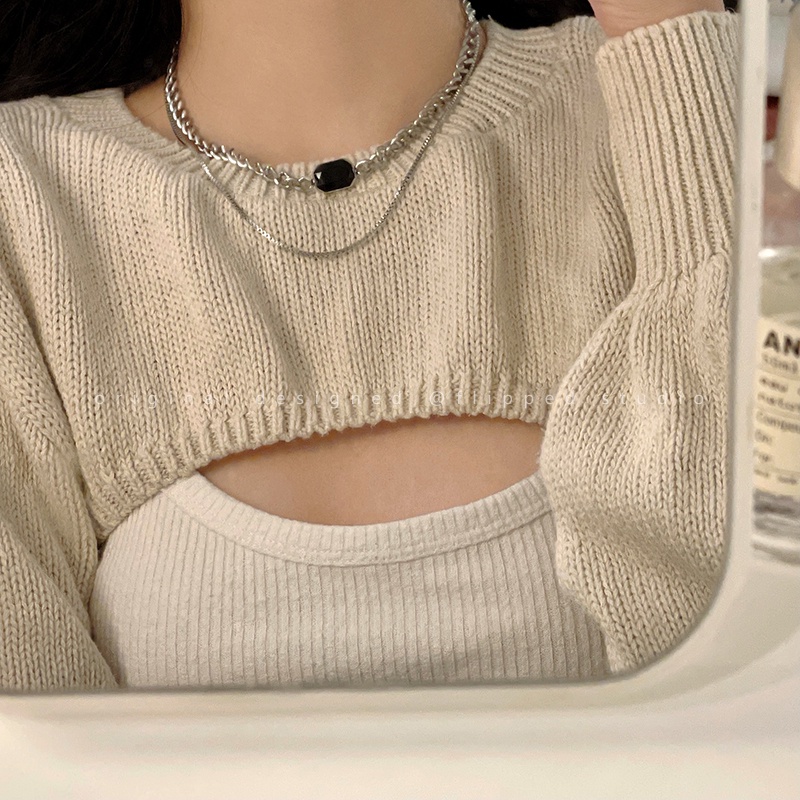 Vòng cổ Thép Titan Màu Đen Hai Lớp Phong Cách hip hop Thời Trang