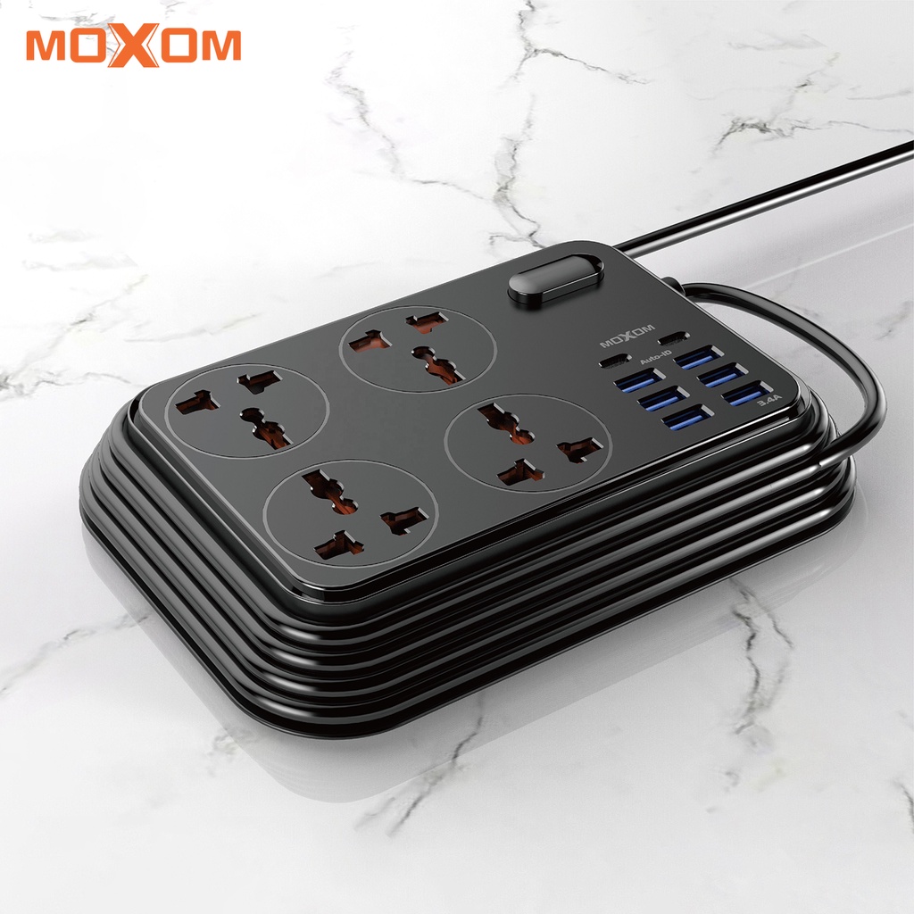 Ổ cắm điện đa năng MOXOM tải 2500W, 4 lỗ đa năng, 6 USB sạc nhanh 3.4A, 2 PD 17W, nút kích hoạt an toàn điện, dây dài 2M