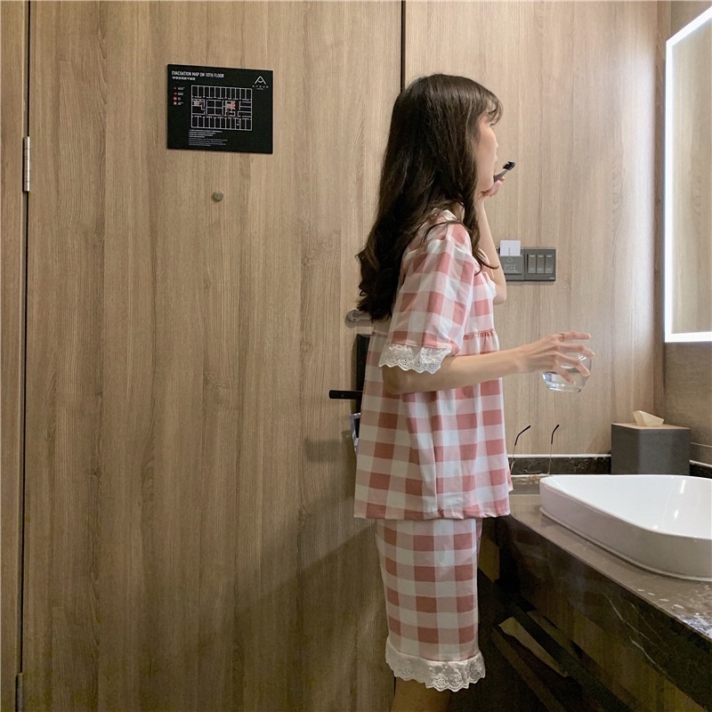 Bộ Ngủ Mặc Nhà Hoạ tiết Caro Viền Ren Cực Dễ Thương