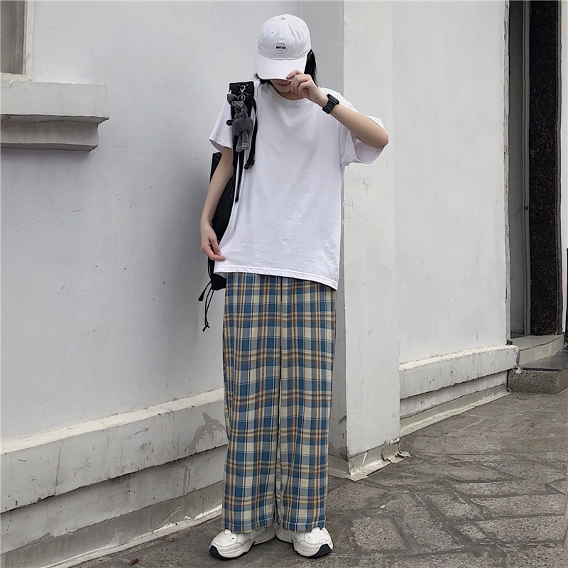 Quần Kẻ Nữ Ống Rộng Cạp Chun Caro Lưng Cao Dáng Rộng Zinti QD11