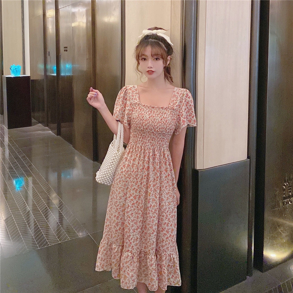 Đầm Maxi Chiffon Tay Ngắn Phối Bèo Họa Tiết Hoa Thanh Lịch Cho Nữ