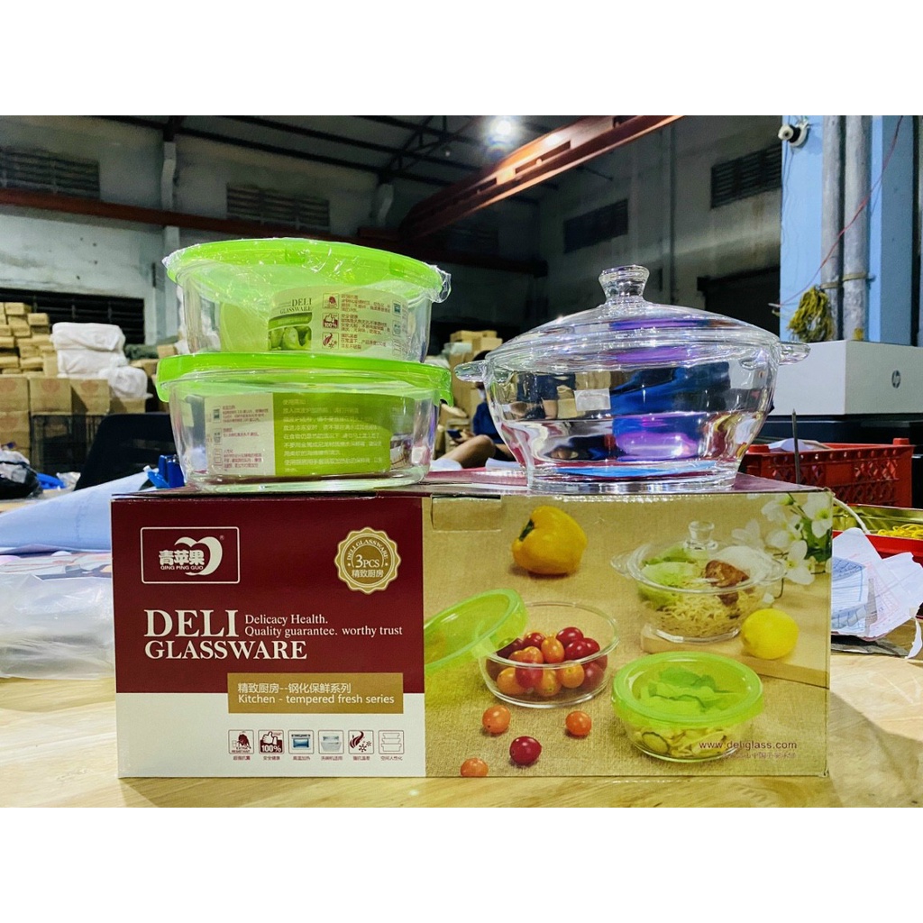 Bộ 3 thố thủy tinh cao cấp Deli Glassware 1l [ Hoàn Tiền Nếu bể vỡ khi nhận hàng ]