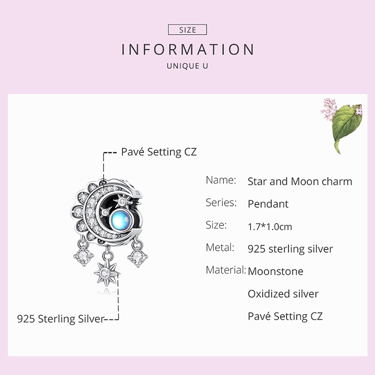 Phụ kiện trang sức Bamoer BSC598 hình ngôi sao và mặt trăng bằng bạc 925